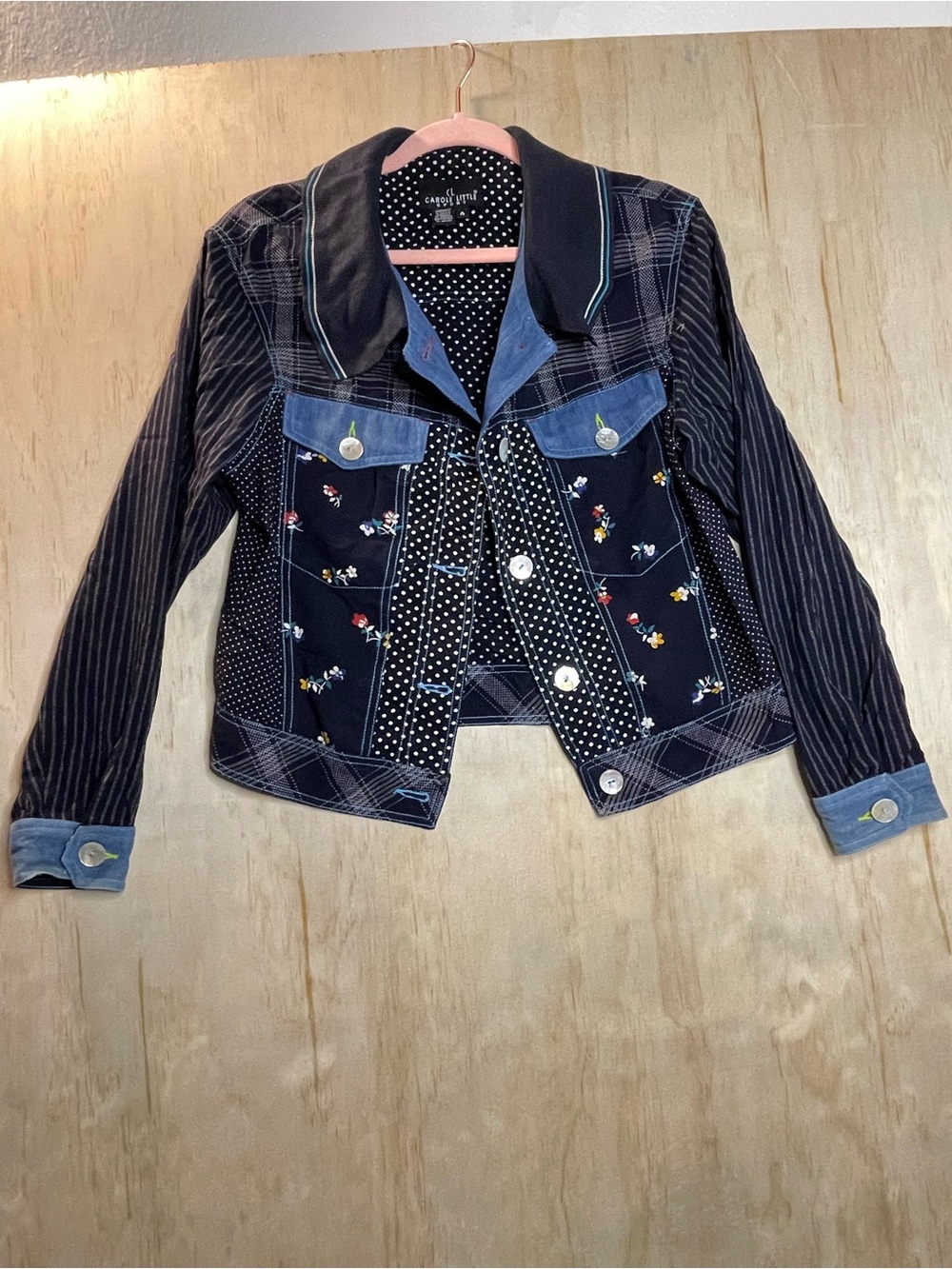 VTG Carole Little Navy Patchwork pearl buttons Bomber Jacket